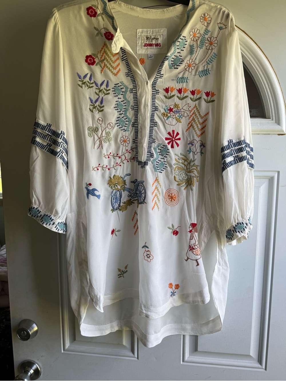 Johnny Was White Embroidered Multicolor Boho Tunic size s